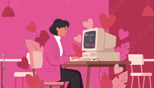 Smiling woman using a vintage computer surrounded by pink hearts and tropical plants Retro tech concept