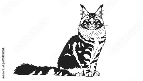 Maine Coon Cat Sitting Portrait, Stylized Vector Illustration, Elegant Feline Pet Art, Graphic Design Element, Animal Lovers Gift Idea