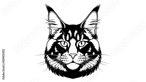 Maine Coon Cat Head Vector Illustration, Stylized Black and White Portrait, Animal Art Graphic for Pet Lovers and Design Projects