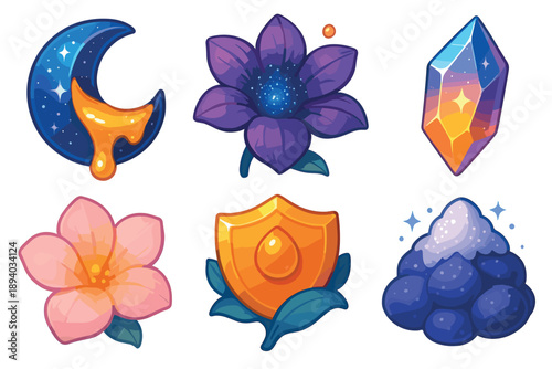 Vibrant collection of six magical items for a fantasy role-playing game, including a crescent moon, a mystic flower, a power crystal, a shield, and enchanted fruit