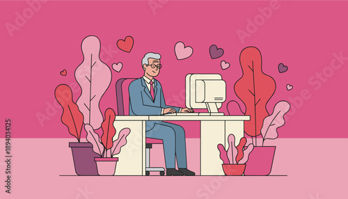 Smiling senior executive working at desk surrounded by pink plants and floating hearts Love concept