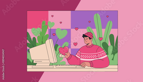 Guy sending digital love heart on retro computer Online dating social media connection