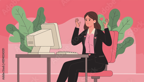 Frustrated businesswoman reacting to work failure or error on an outdated office computer