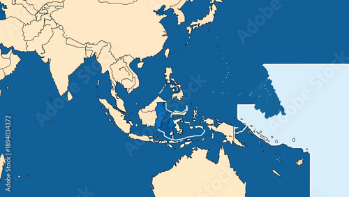 Map of Southeast Asia and Oceania with Indonesia highlighted in blue, Geographic Political Map for Travel and Education