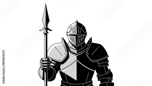 Medieval Knight in Full Armor Holding Spear, Vector Illustration, Historical Fantasy Warrior, Game Asset, Graphic Design Element