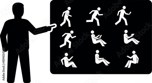 A man presenting various running and exercise poses on a blackboard