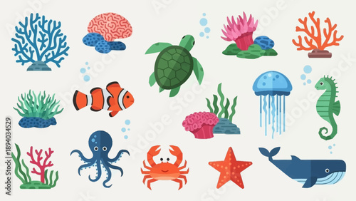 Colorful Cartoon Ocean Creatures Collection.