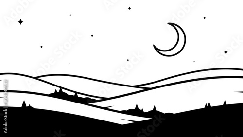 Minimalist Night Landscape Vector Illustration, Crescent Moon and Stars Over Rolling Hills, Serene Nature Scene for Backgrounds and Design