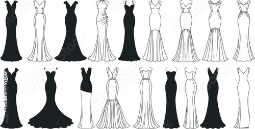 Black and white illustration of multiple dress designs