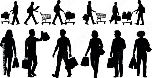 Silhouettes of people walking with shopping carts and bags in a commercial setting
