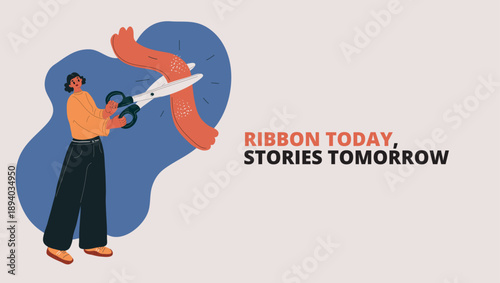 Cartoon vector illustration of woman cutting ribbon with scissors, grand opening and celebration concept