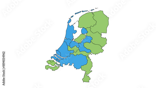 Netherlands Map Divided Blue Green Regions Geography Political Divisions Vector Illustration for European Travel and Business