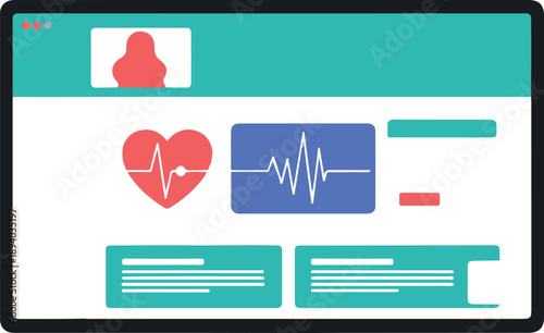A digital illustration of a medical interface on a screen displaying a heart rate monitor and a patient's profile
