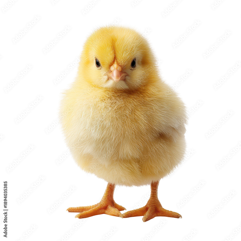 Fototapeta premium Cute yellow chick standing upright with fluffy down texture, tiny beak and feet, gentle studio shadow and soft natural detailing, isolated on transparent background.