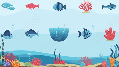 Colorful Fish Swimming Underwater Scene Illustration.