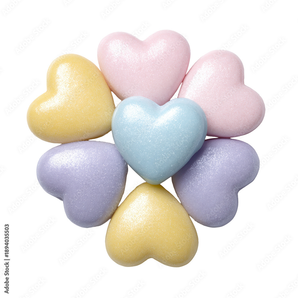 Obraz premium Assorted pastel heart shaped candies clustered neatly with glossy sugar shells, soft highlights and smooth rounded edges for a sweet romantic assortment, isolated on transparent background.