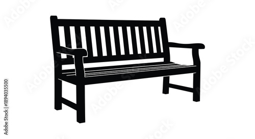 A stark black silhouette of a classic park bench stands isolated on a bright white background evoking simplicity high quality