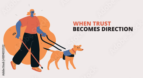 Cartoon vector illustration of blind woman with guide dog, assistance and accessibility concept