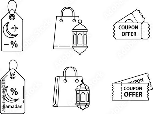 Collection of Ramadan sale and offer icons including shopping bags, coupons, and discounts on a white background
