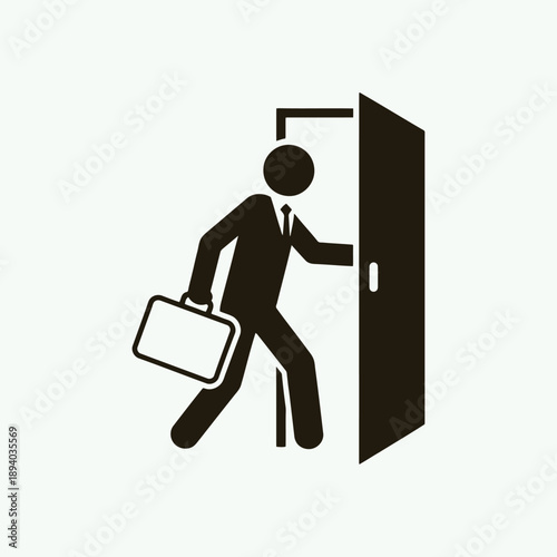 Businessman icon stepping into an open door with a briefcase, representing entry or exit