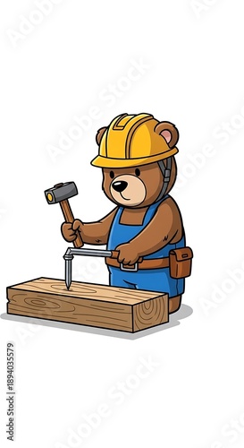 Bear Carpenter Concentrating on Hammering Nail into Wood Plank.