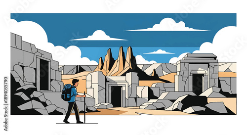 Young man exploring ancient ruins in a remote landscape, modern vector illustration representing discovery, history, and adventurous exploration spirit