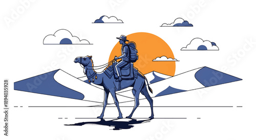Young man riding a camel across desert dunes, modern vector illustration symbolizing endurance, cultural travel, and global adventure lifestyle
