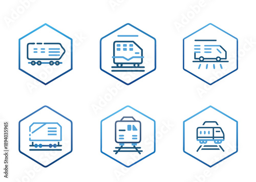 Collection of transportation and logistics icons depicting various forms of trains