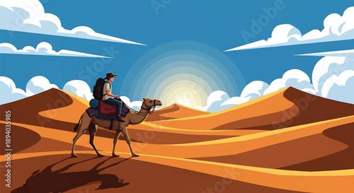 Young man riding a camel across desert dunes, modern vector illustration symbolizing endurance, cultural travel, and global adventure lifestyle