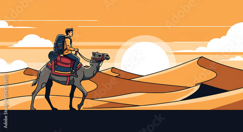 Young man riding a camel across desert dunes, modern vector illustration symbolizing endurance, cultural travel, and global adventure lifestyle