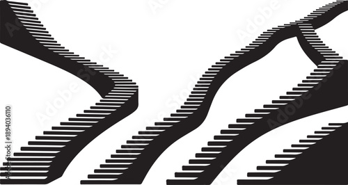 Black and white winding staircase illustration on white background