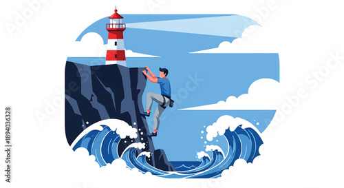 Young man climbing a steep coastal cliff near a lighthouse, modern vector illustration showing courage, risk, and rugged seaside adventure lifestyle