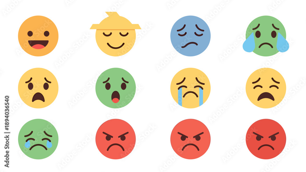 Fototapeta premium Set of 12 Diverse Emotion Faces Icons in Flat Design Style, Expressing Happiness, Sadness, Anger, and Surprise, Isolated on White Background for UI and UX Design Elements