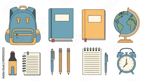 School Supplies Vector Illustration Set: Backpack, Books, Globe, Notebooks, Pens, Alarm Clock for Education and Study Concepts