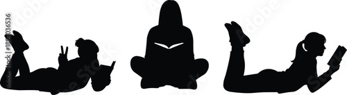 Three relaxed reading silhouettes lying and sitting cross-legged with books, promoting literacy, study habits, education, leisure reading and youthful learning culture