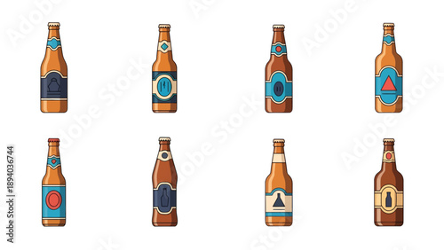Set of Craft Beer Bottles Vector Illustration, Assorted Styles and Labels, Isolated on White Background for Beverage Branding and Design