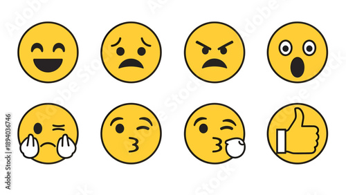 Set of Diverse Emoji Icons, Vector Illustration, Expressive Emoticons Collection, Social Media and Communication Graphics