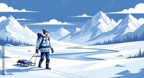 Young man trekking across a frozen polar landscape, modern vector illustration symbolizing isolation, survival strength, resilience, and extreme adventure spirit