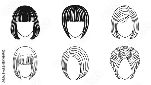 Set of six diverse hairstyles for women, vector illustration, clean graphic design, beauty and fashion concept