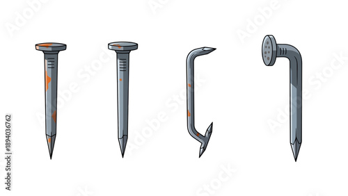 Set of Rusty Metal Nails, Various Types, Vector Illustration for Construction and DIY Projects, Isolated on White Background