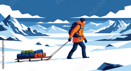 Young man trekking across a frozen polar landscape, modern vector illustration symbolizing isolation, survival strength, resilience, and extreme adventure spirit