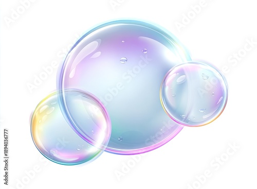 Three transparent iridescent soap bubbles floating against a white background