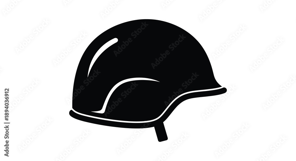 Fototapeta premium A stark depiction of a classic military helmet rendered in a bold black shape against a white background silhouette