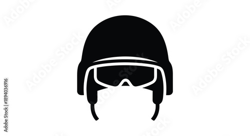A stark black silhouette depicts a person wearing a protective face mask goggles and a hooded jacket silhouette high quality
