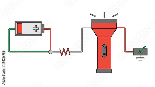 Simple Electric Circuit Diagram with Battery, Resistor, and Flashlight, Vector Illustration for Educational Purposes and Electronics Projects