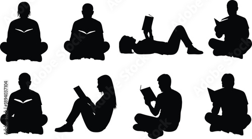 Set of Silhouettes Featuring People Reading Books in Various Poses Including Sitting Cross-legged Lying Down and Relaxing for Educational Graphic Design