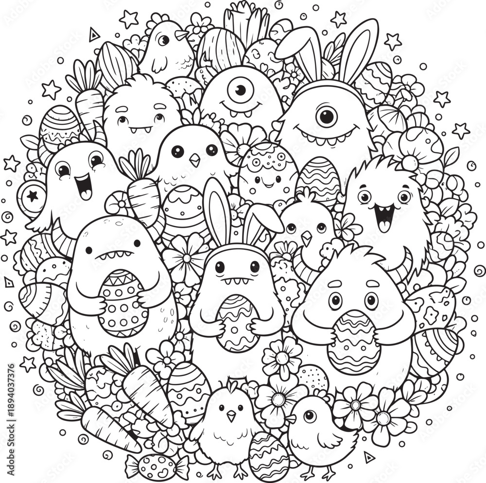 Fototapeta premium Spring monster Easter Bunny and Egg Doodle Art