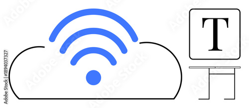 Cloud storage, wireless networking, data transfer, digital communication, modern technology, information systems. A blue wireless icon on a cloud next to a digital text icon. Cloud storage