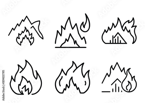 Set of stylized fire icons representing different types of wildfires