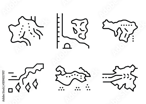 Outline Icons Representing Islands with Varied Land Features and Infrastructure